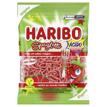 BALA STICKS SPAGHETTI MORANGO HARIBO 12X75G